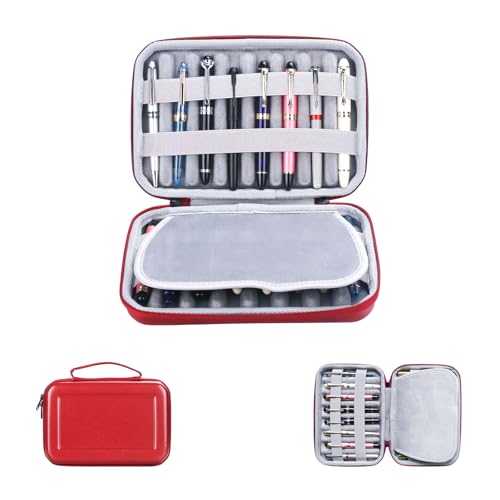 PU Leather 16 Slots pen case/boxes， Pencil Tray Case Organizer,Handmade Display Zippered Pouch for Rollerball Pen，fountain pen-Retro（red） - color: red