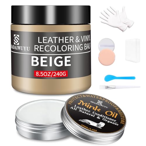 SHADAIWUYU 8.5oz Leather Recoloring Balm with 100ml Mink Oil,Beige Leather Repair kit for Furniture and Car Interior,Leather Couch Scratch Repair,Leather Dye Paint,Mink Oil for Leather - color: Beige, size: Leather Recoloring Balm+Mink Oil