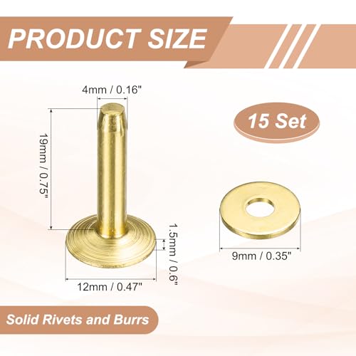 HARFINGTON 15Set Brass Rivets and Burrs Washers 12x4x19mm Dimpled Finish Solid Leather Rivet Fastener Studs Posts for Leather DIY Craft Belts Wallets Collars, Gold Yellow - color: Gold Yellow, size: 12x4x19mm