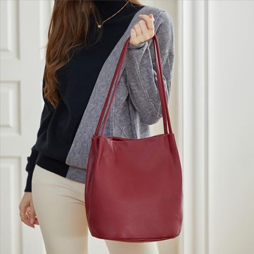 Iswee Soft Leather Tote Bucket Bag Hobo Shoulder Purse and Handbags Women | Large Size Roomy Pocketbooks Ladies Bag Everyday Bag Casual Work Travel Designer Hand Bag - color: Wine-lichee