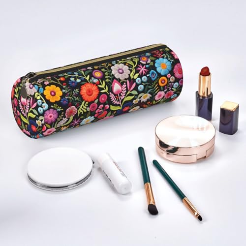 OSAM SPACE Leather Pencil Case Round Pencil Bag Embroidered Flowers Pen Organizer Holder Portable Zipper Pouch Cute School Supplies for Girls Boys Study Office - color: Embroidered Flowers