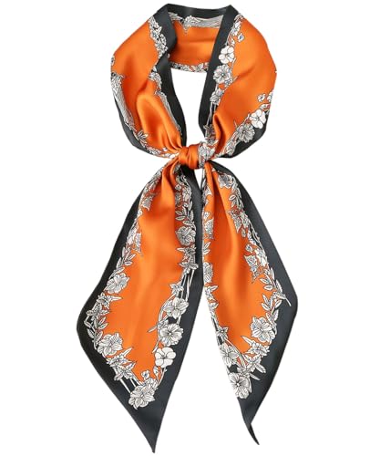 Head Scarf Purse Handle Neck Satin Hair Scarfs For Bag Lightweight Silky Long Thin Women's Fashion Scarves 59 * 5.9” - color: H2-orange Background With Floral(59*5.9inch)