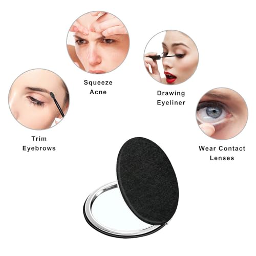 Pocket Compact Mirror for Men and Women, Small Purse Mirror With Glitter, Portable Travel Makeup Mini 2-Sided 1x/2x Magnifying Folding Handheld Mirror for Gift - color: Black-round