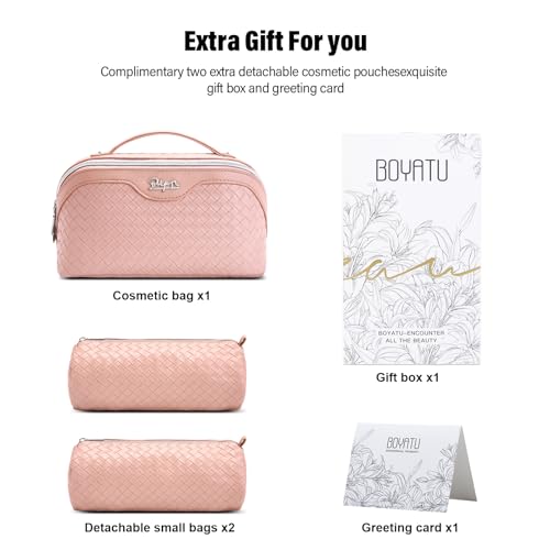 BOYATU Travel Makeup Bag Cosmetic Bags for Women: 3 Pcs Set Make up Bag | Large Capacity Waterproof Organizer Bags with Compartments - Lay flat Toiletry with Handle (L04 Light Pink) - color: L04 Light Pink