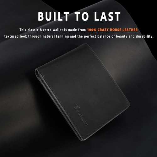 Travelambo Genuine Leather Wallet for Men with Gift Box - Handmade Bifold Stylish - Mens Wallets Rfid Blocking with 2 ID Windows - color: Oil Wax Black