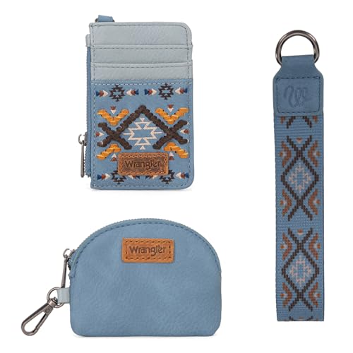 Wrangler Western Keychain Wristlet Wallets for Women Retro Dual Pouch Wristlet Credit Card Holder Wallet with Zipper Pocket WG2214-W0051JN - color: Aztec-Jean