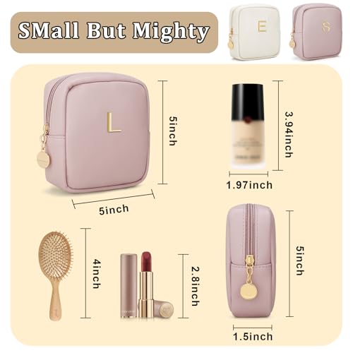 Initial Mini Makeup Bag Cosmetic Bag for Women | Personalized Gift, Toiletry Bags, 2 Mesh Pockets, Soft PU Leather, Water Proof Design, Smooth Zipper & Sturdy Build - size: 1pc Pink, style: L