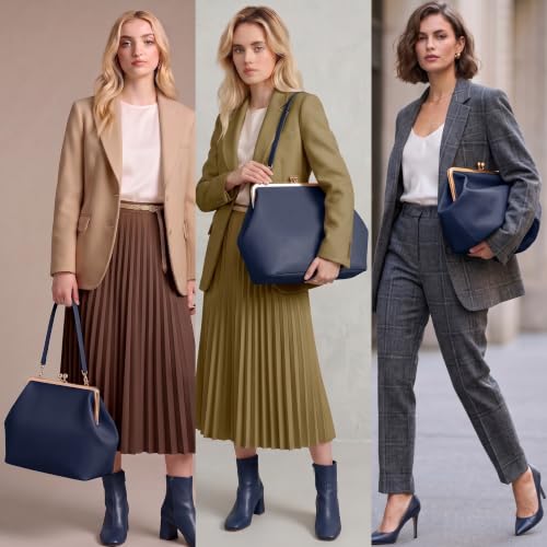 Kiss Lock Frame Handbag, PU Leather Shoulder Tote Bag Messenger Hobo Clutch Purse for Women Formal Work Leisure - color: Pu Blue