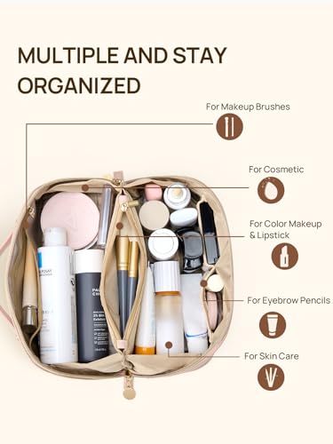 Telena Leather Make Up Bag Portable Travel Makeup Bag Waterproof | Cosmetic Bags for Women Large Capacity With Handle and Divider Open Lay Flat - color: 4-Pink