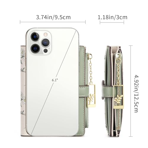 GAEKEAO Small Wallets for Women RFID Blocking Bifold Floral Vegan Leather Wallet Card Holder with Zipper Pocket ID Window - color: A01-Green