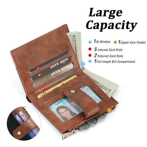GAEKEAO Small Wallet for Women Leather RFID Blocking Card Holder Bifold Zipper Pocket Wallet with ID Window - color: Black-Brown