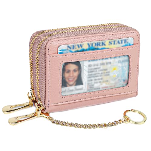 imeetu Rfid Credit Card Holder, Businese Card Case, Wallet for Women Men | Genuine Leather Card Wallet with id Window, Keychain & Double Zipper, Water-resistan Small Wallet with Gift Box, Daily Travel - color: Max - Pink