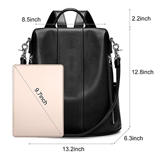 S-ZONE Leather Backpack Purses for Women Antitheft Rucksack Shoulder Bag Medium | Genuine Leather, Medium Fits 9.7-inch Tablet, for Work Travel Daily Commute, Multi Pockets, Adjustable Dual Straps - color: 2-black