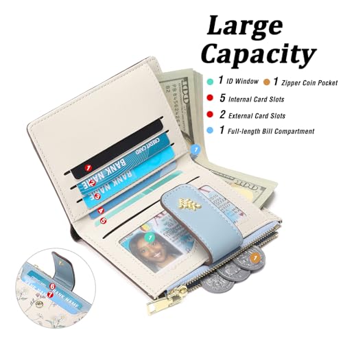 GAEKEAO Wallet Women Small RFID Vegen Leather Card Holder for Women | Compact leather wallet, credit card holder, RFID protection, ID window, coin pocket, lightweight travel purse - color: Blue