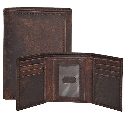 Trifold Leather Wallet for Men - RFID Slim Minimalist Front Pocket 6 Slots - color: Hunter Brown