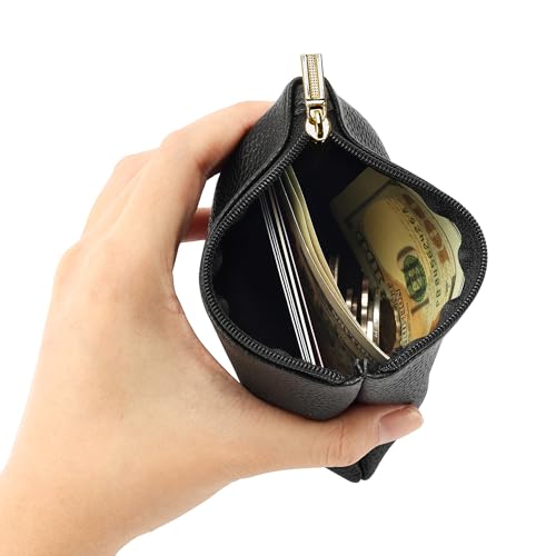 Chelmon PU Leather Coin Purse Pouch Change Holder Small With Zipper for Men Women 2 PCS Set (Black&Black) - color: Black&Black