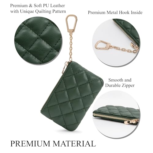Quilted Faux Leather Coin Purse with Keychain - Small Coin Pouch Key Pouch Small Card Holder Keychain Wallet Change Purse for Women and Men (Olive Green) - color: Olive Green