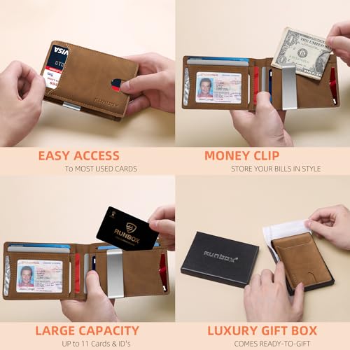 RUNBOX Slim Wallet for Men - RFID Blocking Leather Bifold with Money Clip | Minimalist Front Pocket Wallet Holds 11 Cards,Slim Thin Design,RFID Blocking Protection, Practical Birthday Gifts for Men - color: Bicolor Crazy Horse Brown