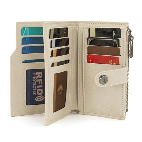 Wrangler Wallet for Women Bifold Card Holder with Zipper and ID Window - color: Daisy-Beige