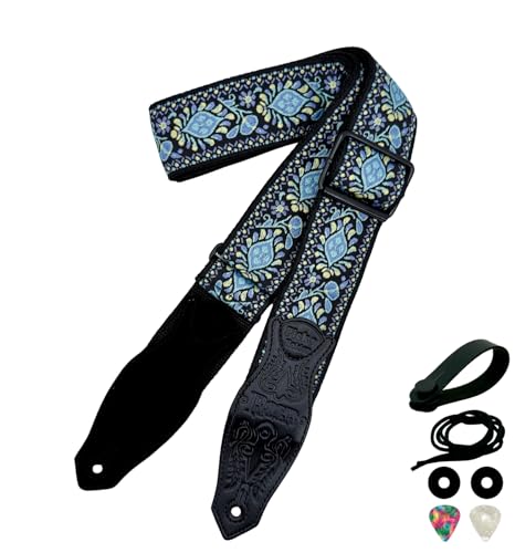 Rockyou 2" Wide Double-Layer Padded Guitar Strap with 4 Pick Holders, beauty Leather Ends & Metal Buckles(Indigo Garden) - color: Indigo Garden