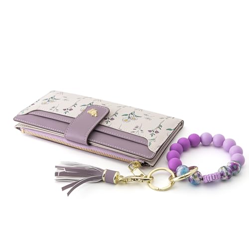 Womens Wallet RFID Blocking Slim Thin Floral Pattern | Card Holder Bifold with Coin Zipper Pocket Long Ladies Wallets for Girls Purple - color: Purple