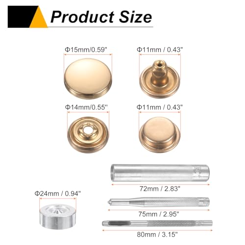 HARFINGTON 24Set Leather Snaps Fasteners Kit 15mm Dia Brass Press-Stud Cap Button 2.95" Length Metal Snap Buttons with 4 Install Tools for Coat Bag Leather Marine Boat Canvas, Gold - color: Gold, size: 15mm