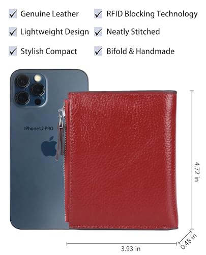 Women's RFID Blocking Leather Small Compact Bi-fold Zipper Pocket Wallet Card Case Purse with id Window - color: Lichee Wine