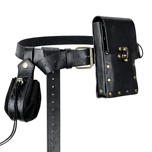 Renaissance Belt Pouch Medieval Pirate Costume Accessories Set for Cosplay | Viking Faux Leather Waist Bag, Skirt Hike Clips, Perfect for Women and Men Ren Faire, LARP, Fantasy, Halloween - color: Black-M