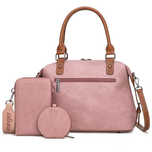 Wrangler 3Pcs Doctor Bag Sets for Women Top-handle Satchel Bag with Cell Phone Handbag and Coin Purse - color: Pink