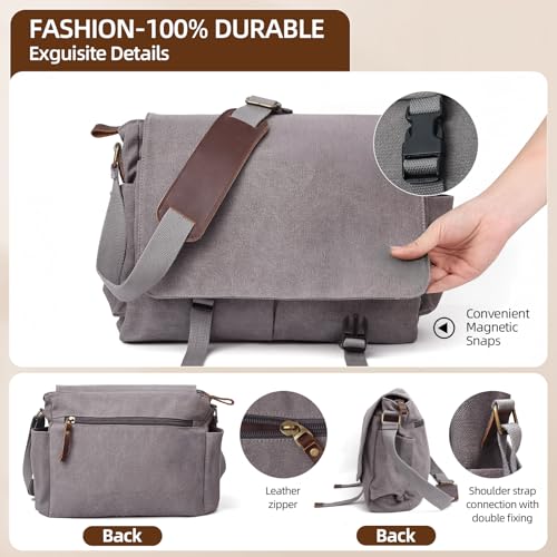 Messenger Bag for men Laptop Bag UnisexRetro Canvas Bag14-15.6 inches Casual single shoulder bag For Work College Travel - color: Grey