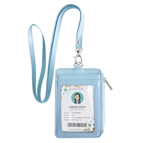 Bolimoss 2-in-1 ID Badge Holder & Lanyard Wallet, Credit Card Holders with Breakaway Neck Lanyard, Leather ID Name Badge 5 Card Slots Zipper Purses for Offices, School, Driver Licence, Baby Blue - color: Baby Blue
