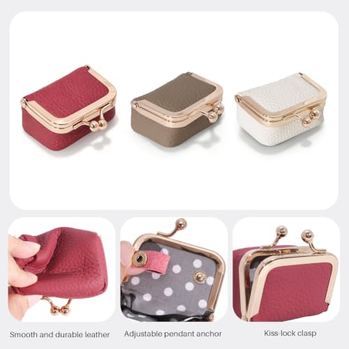 Genuine Leather Mini Jewelry Box Coin Purse for Women,Solid Color Kiss Lock Jewelry Case Organizer,Mini Travel Ring Box - color: Wine Red