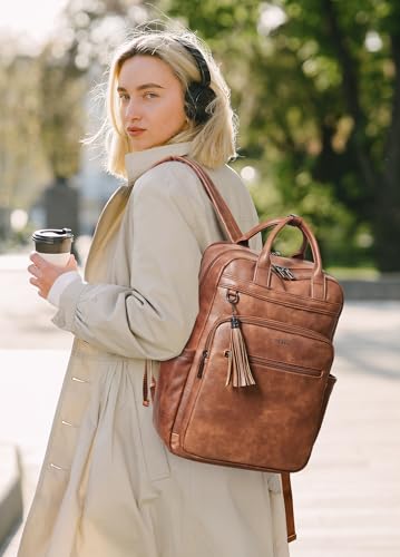 Laptop Backpack for Women 15.6 inch Travel Leather Backpack Purse Work Computer Backpacks for Business College Brown - color: Brown