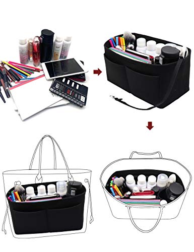 LEXSION Felt Purse Organizer Insert Zipper Pocket with Two Removeable Bottle Holder - color: Black, size: Large