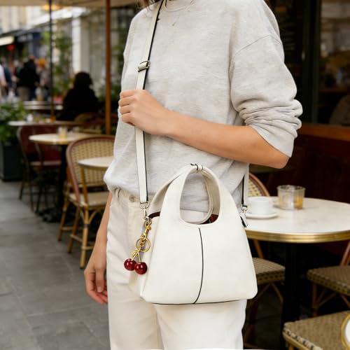Women's Top Handle Handbag Small Satchel Bags Trendy Hobo Purse Crossbody Bag Faux Leather Shoulder Bag Satchel Purse - color: Beige With Cherry