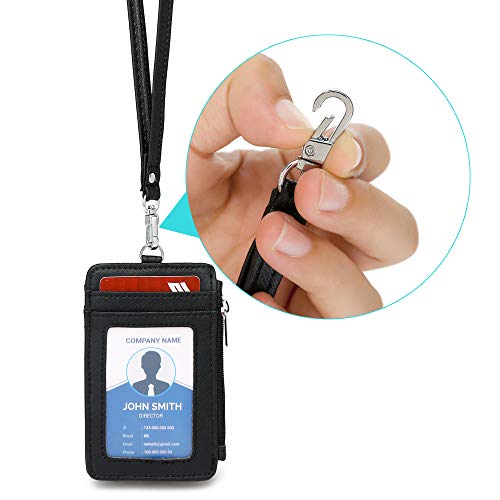 ID Badge Holder with Neck Lanyard PU Leather ID Badge Wallet Case with 1 ID Window, 4 Card Slots, 1 Side Zipper Pocket - color: Black