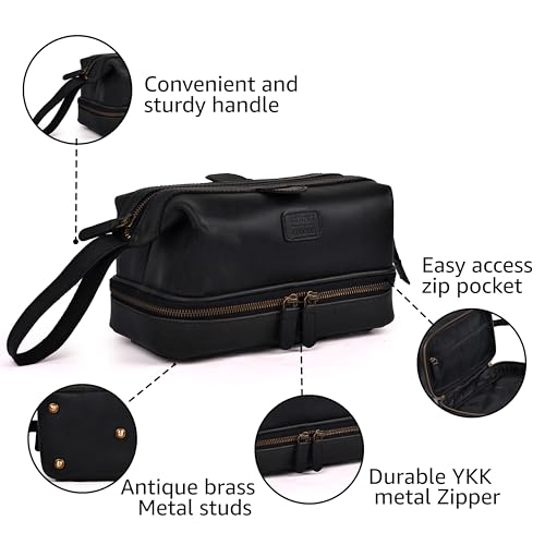 LEATHER VILLAGE Leather Toiletry Bag for Men, Travel Dopp Kit Shaving Bag | Full grain buffalo leather, two zip compartments, 9.6x5.5x5.1 in, YKK zippers, water-resistant lining, shaving kit- Black - color: Black