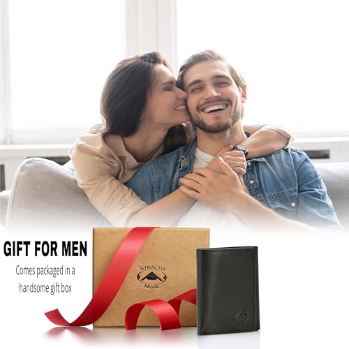 Stealth Mode Leather Trifold RFID Wallet For Men With Flip Out ID Holder - color: Black Crunch