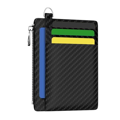 Hancynir Minimalist Black Slim Wallet Men Credit Card Holder Small RFID | Zipper Pocket Wallet, Thin Travel Coin Purse, Ladies Women Mens Gifts, Cute Card Case, 6 Card Slots, ID Window, PU Leather - color: 01-Carbon Black