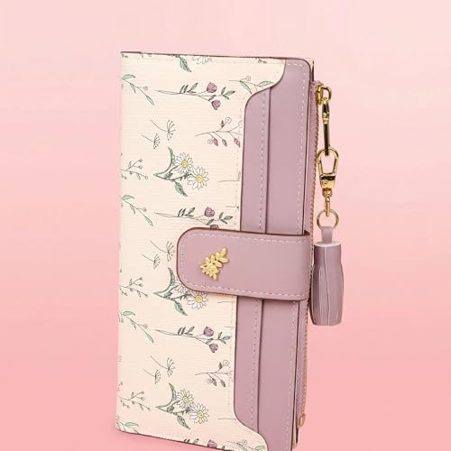 Womens Slim Bifold Wallet RFID Blocking PU Leather Floral(Purple) | Zipper Pocket, Card Holder, Tassel Accent, Long Ladies Style, RFID Blocking - color: Purple