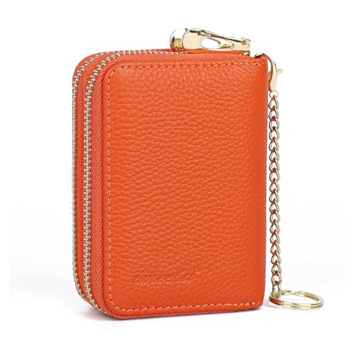 imeetu Rfid Credit Card Holder, Businese Card Case, Wallet for Women Men | Genuine Leather Card Wallet with id Window, Keychain & Double Zipper, Water-resistan Small Wallet with Gift Box, Daily Travel - color: Max - Orange