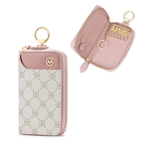 GOLF SUPAGS Women PVC Leather Car Key Chain Card Holder Wallet Pouch 6 Hook Snap Closure keys Money Organizer Case | Card Holder - color: Pink×Ash Green, Large