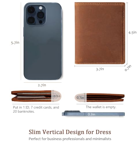 Bifold Vertical Wallet for Men, Full Grain Leather RFID Blocking | Mens Bifold Wallet with ID Window, 7 Card Slots & 2 Cash Pockets, Front Pocket Compact Travel Wallet with Gift Box (Brown) - color: Coffee