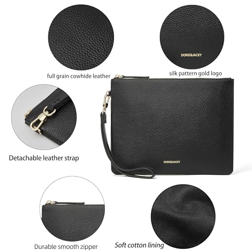 DORIS&JACKY Women Leather Clutch Purse and Phone Wallet with Wristlet Strap - color: Black
