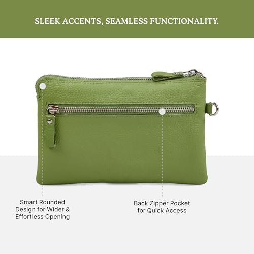 Leather Wristlet Wallet for Women Clutch Handbag Purse with Cell Phone Slot | Genuine Top Grain Leather, 8 Credit Card Slots, Detachable Strap, YKK Zipper, Gifts for Women - color: Sage Nappa
