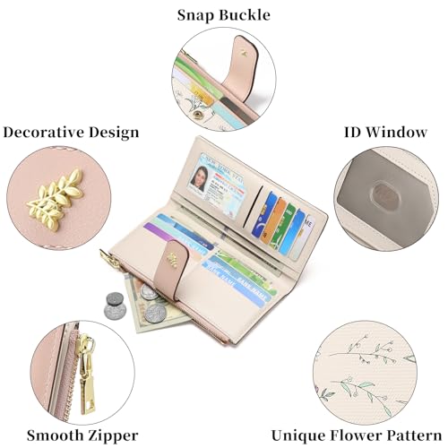 GAEKEAO Womens Wallet Slim Thin RFID Blocking Floral Vegan Leather Card Holder Bifold Long Ladies Wallet with Zipper Pocket - color: Pink