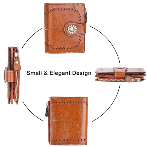 Womens Leather Wallet Small Compact RFID Blocking Credit Card Case Purse with Zipper Pocket | Small - color: Brown