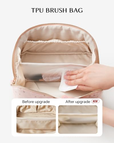 EACHY Makeup Bag, Soft Suede Floral Cosmetic Bag for Women, Portable 180° Wide-Open Flat Makeup Pouch, Large Capacity Travel Toiletry Bag with Divider and Handle - color: CC-Pink Suede, size: Medium