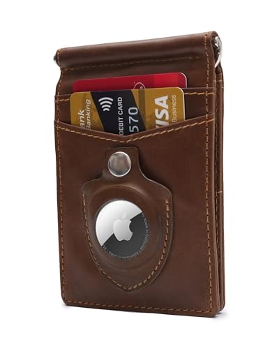 AirTag Money Clip Wallet for Men | Trackable Slim Front Pocket, RFID Blocking, Minimalist Bifold with Airtag Holder | Top grain leather Mens Money Clip Wallet (Saddle Cognac) - color: Roasted Coffee brown
