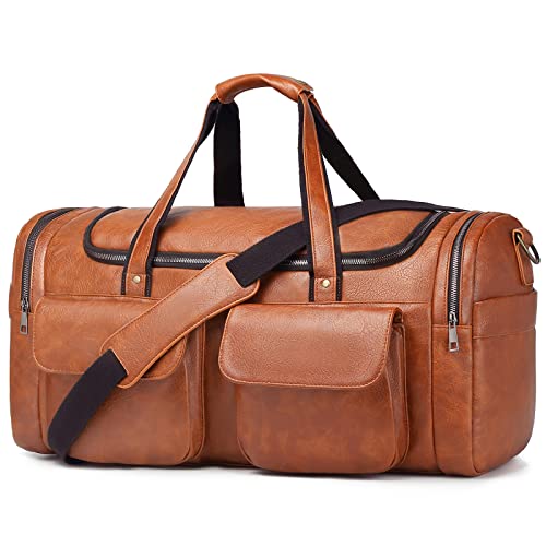 BOLOSTA Travel Duffel Bag for Men Women, Large PU Leather Carry on Duffle Bags for Traveling, Waterproof Overnight Weekender Duffel Bag with Shoe Compartment - Perfect for Daily Use/Birthday Gift - color: Brown